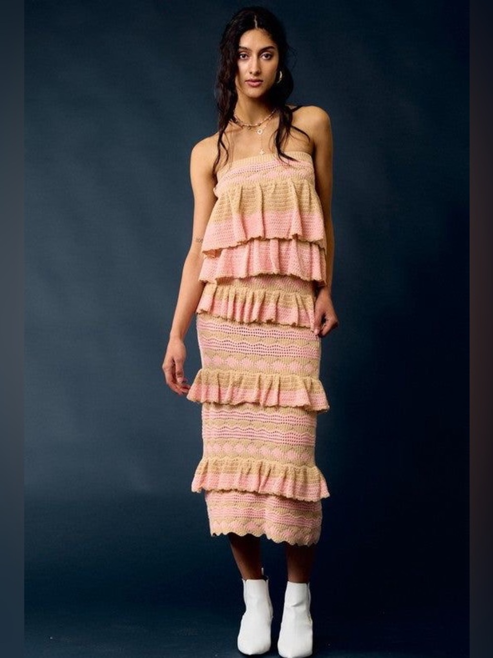 La Lavon Pink and Tan Ruffle Midi Skirt and Ruffle Tube Top
